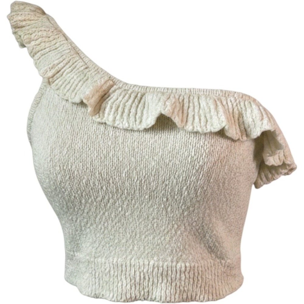 Urban Outfitters Ivory Knit Ruffle One Shoulder Crop Top - Size S